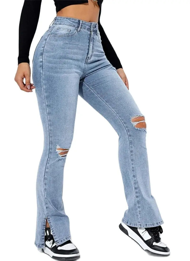 Women's Slim Fit High Waist Ripped Jeans with Leg Slits