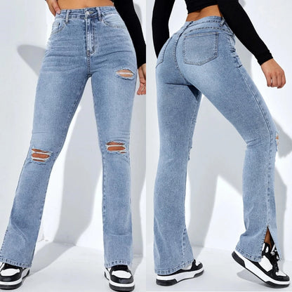 Women's Slim Fit High Waist Ripped Jeans with Leg Slits