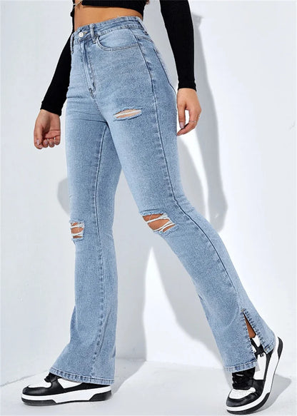 Women's Slim Fit High Waist Ripped Jeans with Leg Slits