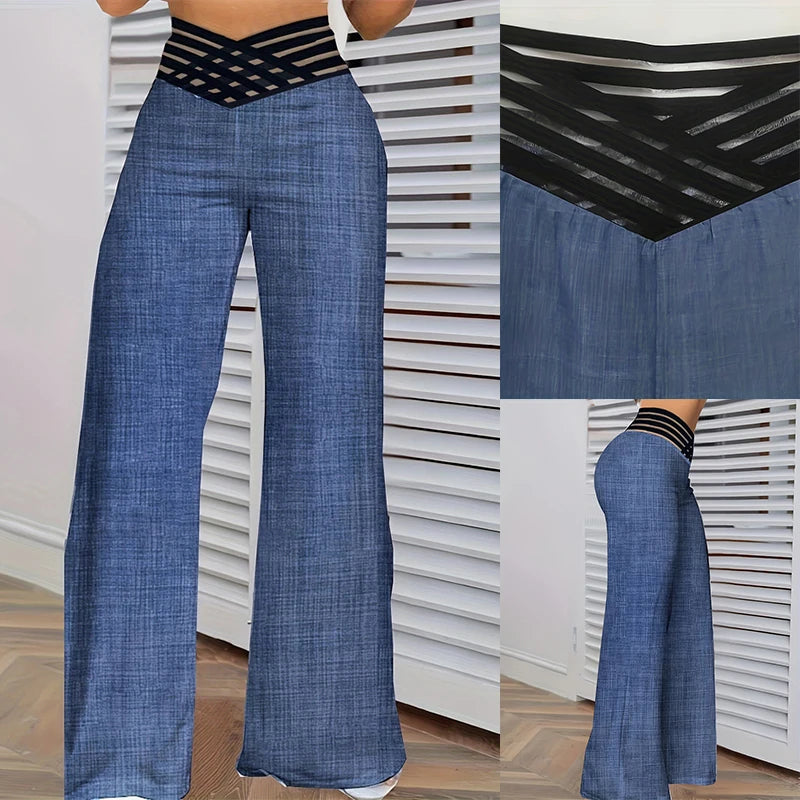 Women's High-Waisted Wide Leg Flared Trousers with Sheer Mesh Crisscross Patch - Various Colors