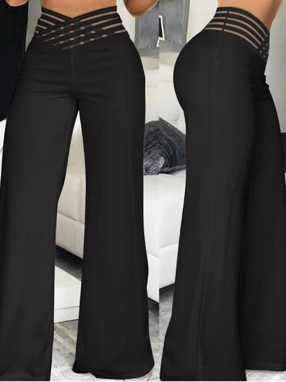 Women's High-Waisted Wide Leg Flared Trousers with Sheer Mesh Crisscross Patch - Various Colors