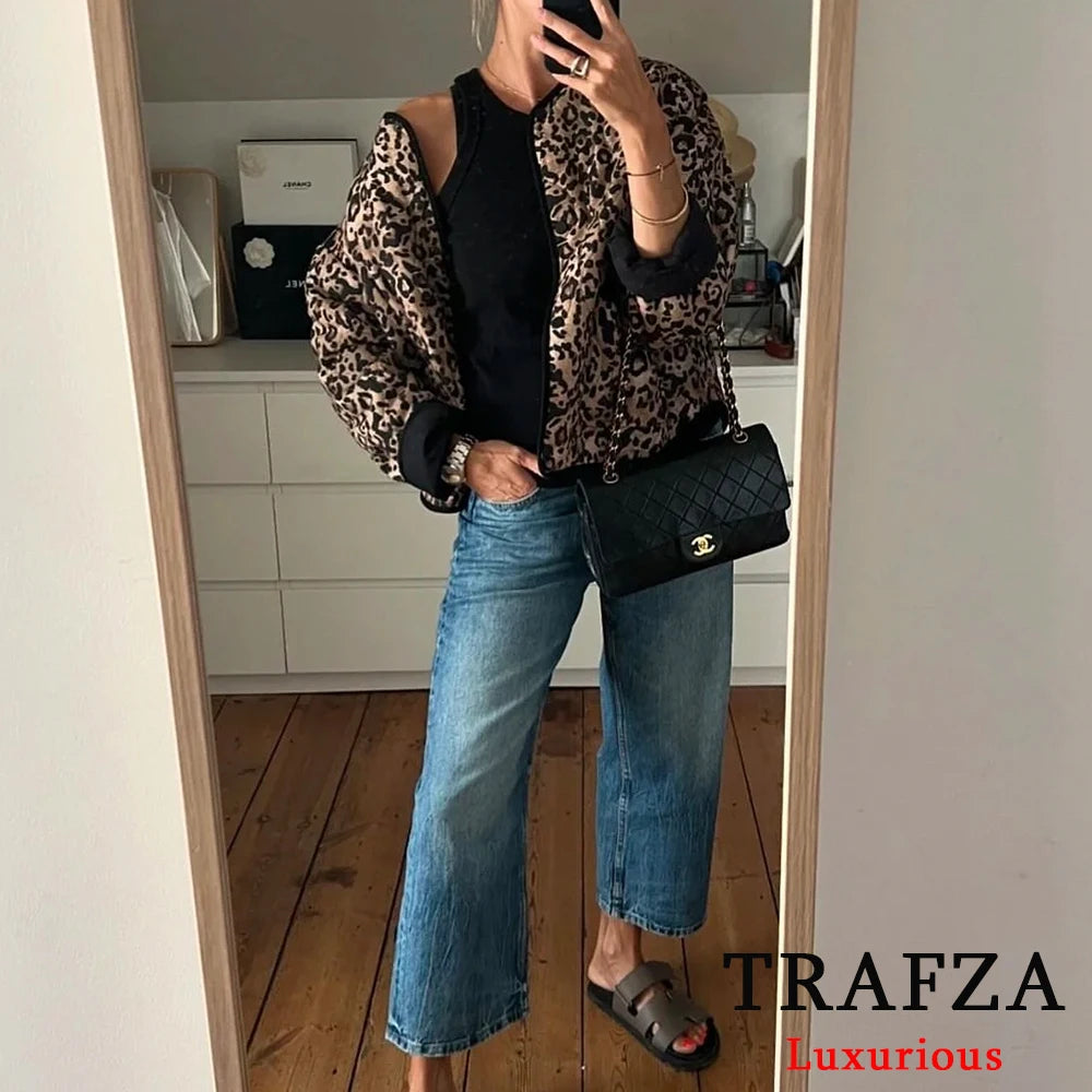 TRAFZA Women's Oversized Leopard Print Long Sleeve Jacket with Buttons