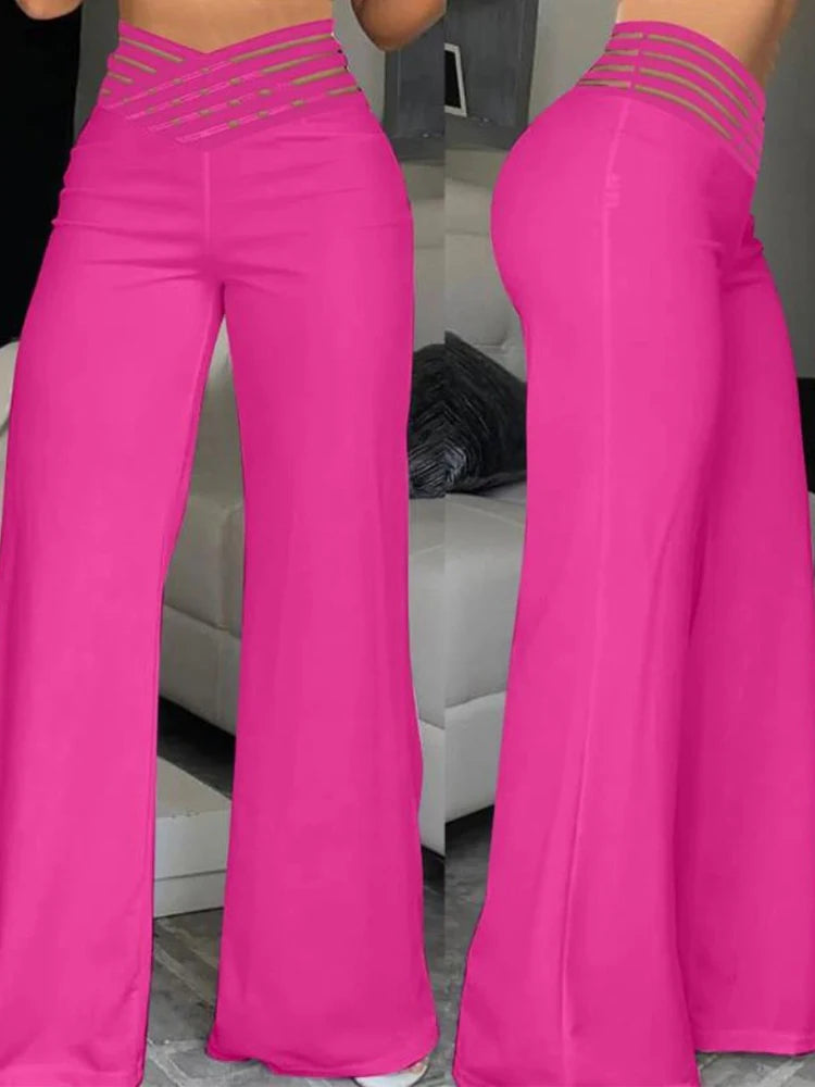 Women's High-Waisted Wide Leg Flared Trousers with Sheer Mesh Crisscross Patch - Various Colors