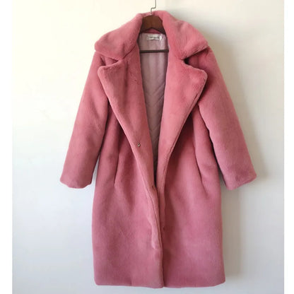 Women's Luxury Long Faux Fur Coat with Loose Lapel - Various Colors