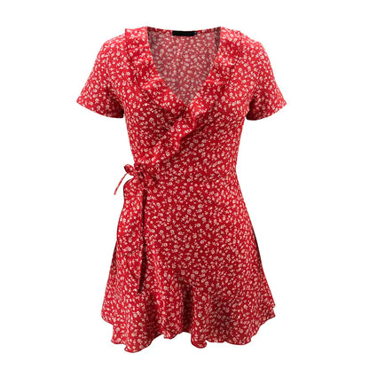 Elegant Floral Ruffle V-Neck Mini Dress for Women