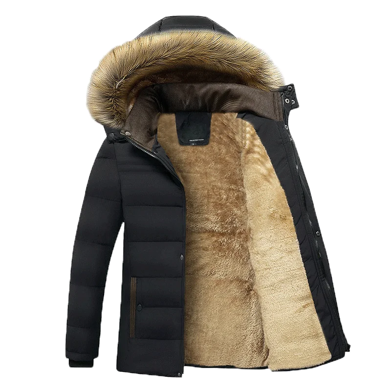 Men's Thick Fleece Waterproof Hooded Jacket with Faux Fur Collar - Various Colors