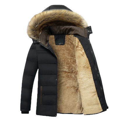 Men's Thick Fleece Waterproof Hooded Jacket with Faux Fur Collar - Various Colors