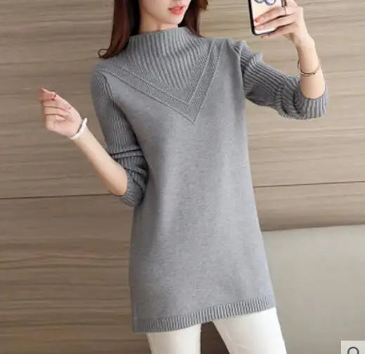 Korean-style Loose Medium-Length Thick Knit Turtleneck Sweater for Women