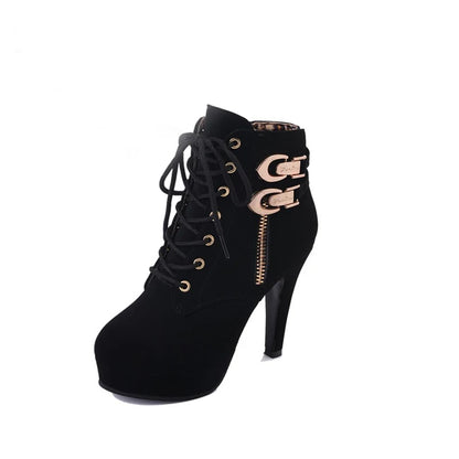 Women's Platform High Heel Ankle Boots with Lace-Up Design