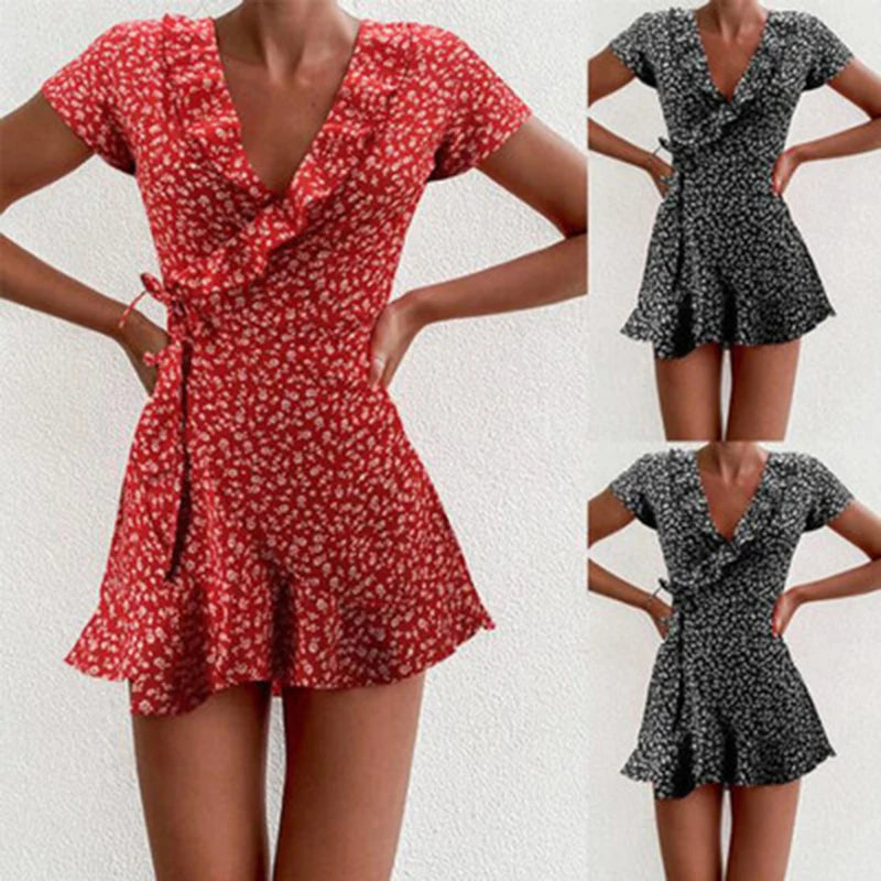 Elegant Floral Ruffle V-Neck Mini Dress for Women