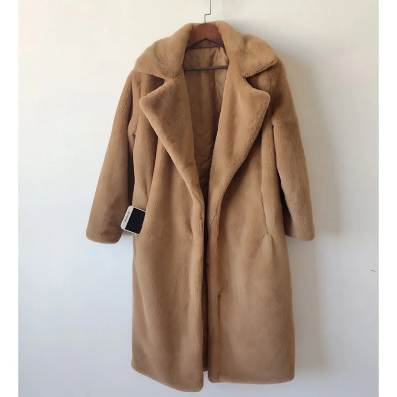 Women's Luxury Long Faux Fur Coat with Loose Lapel - Various Colors