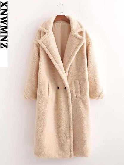 Women's Faux Fur Teddy Coat with Lapel Collar and Pockets