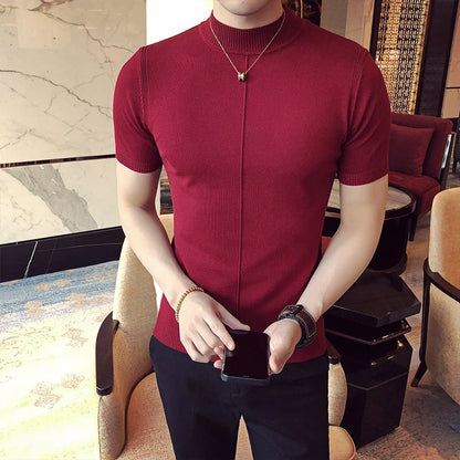 Men's Slim Fit Short Sleeve Knitted Turtleneck  - Various Colors