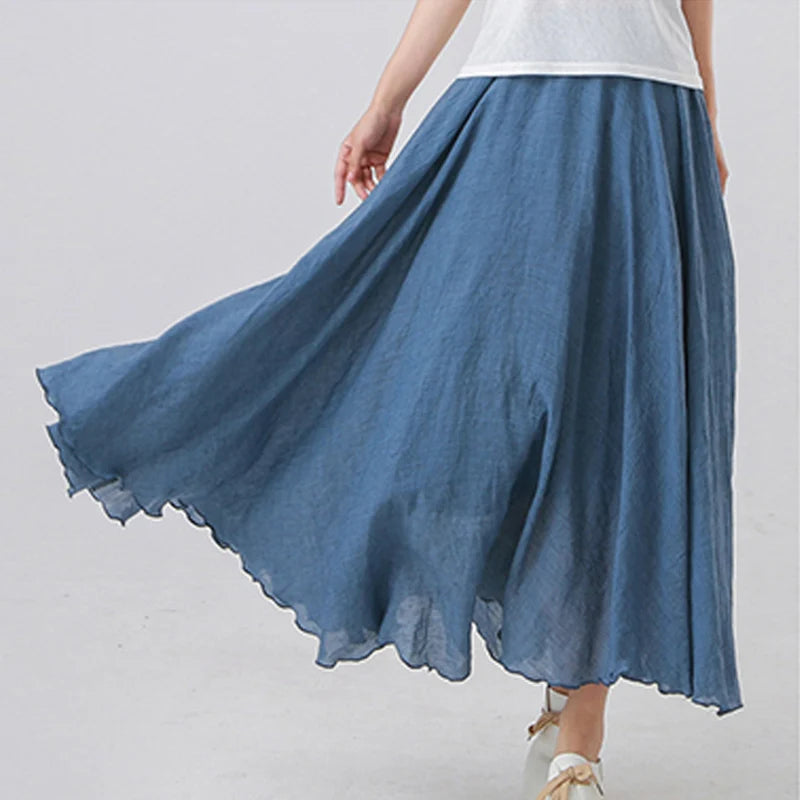 Women's  Elastic High Waist Maxi Skirt in Cotton Linen - Various Colors