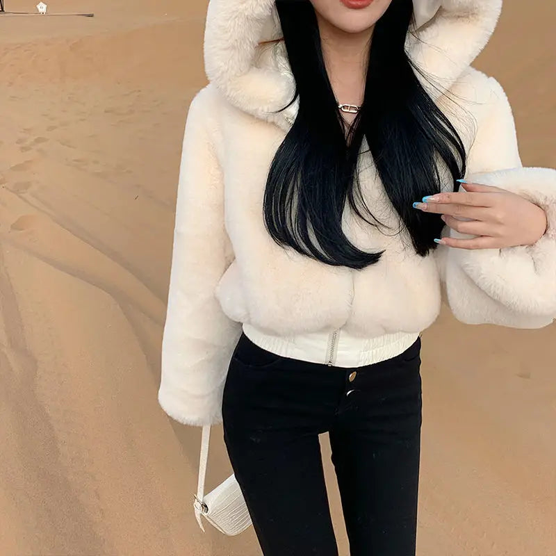 Women's Cropped Hooded Faux Fur Coat