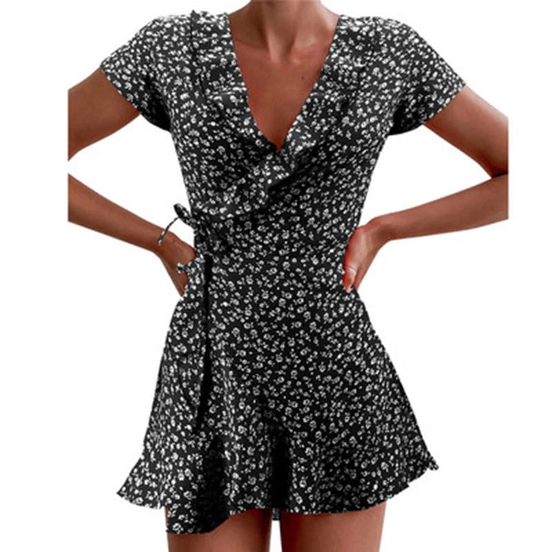 Elegant Floral Ruffle V-Neck Mini Dress for Women