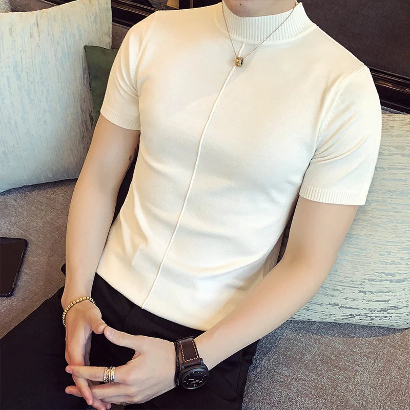 Men's Slim Fit Short Sleeve Knitted Turtleneck  - Various Colors