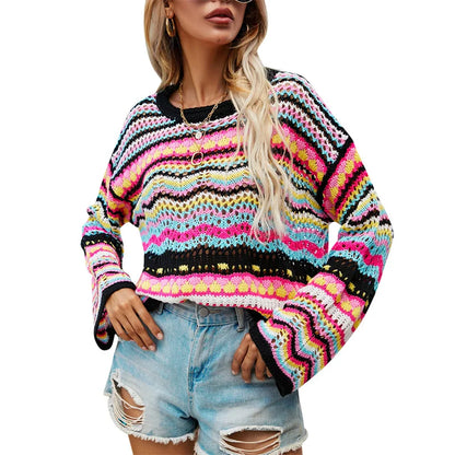 Womens Long Sleeve Crochet Knit Pullover - Loose Round Neck Sweater - Various Colors