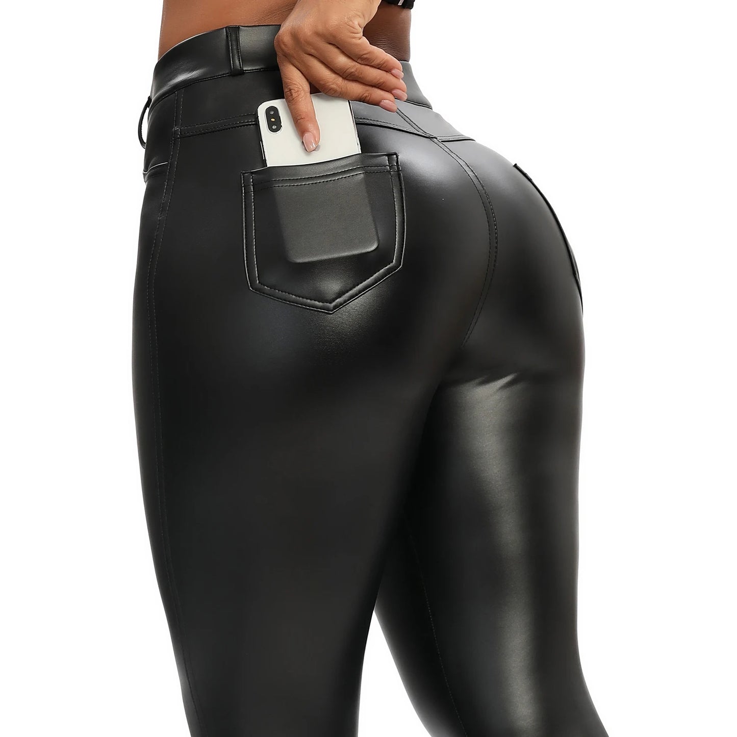 Black Faux Leather Skinny Leggings - High Waist Push-Up Design with Pockets