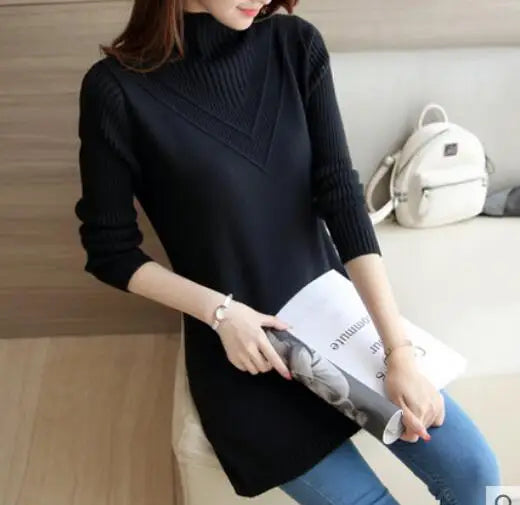 Korean-style Loose Medium-Length Thick Knit Turtleneck Sweater for Women