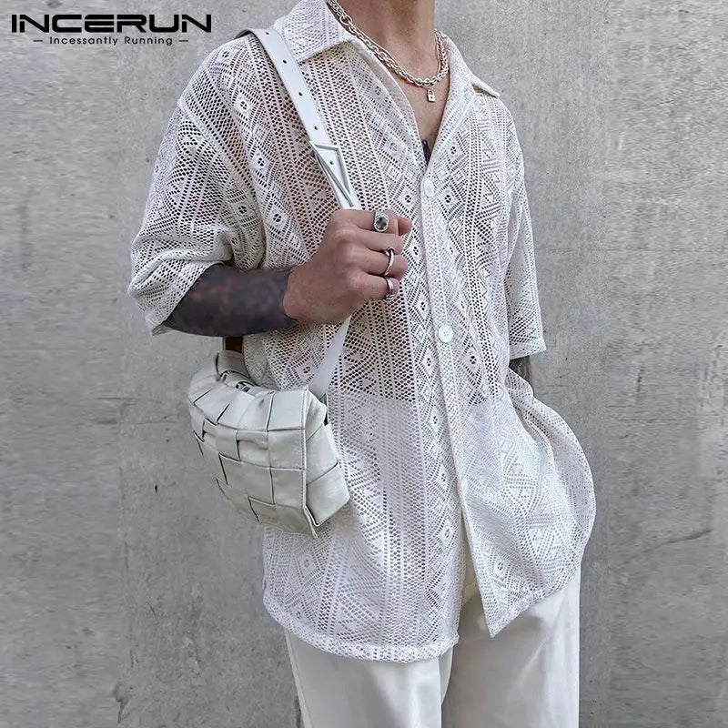 Men's Long Sleeve Transparent Mesh Lace Shirt