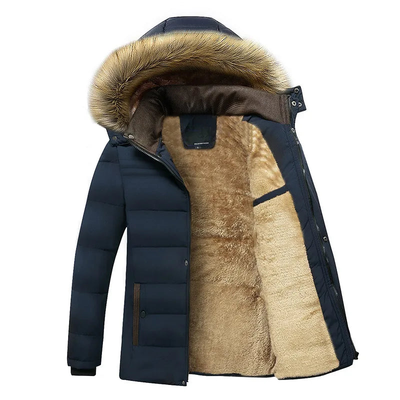 Men's Thick Fleece Waterproof Hooded Jacket with Faux Fur Collar