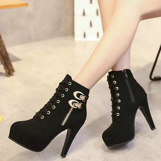 Women's Platform High Heel Ankle Boots with Lace-Up Design