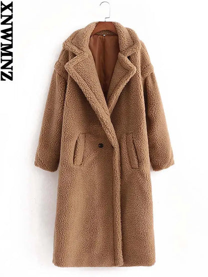 Women's Faux Fur Teddy Coat with Lapel Collar and Pockets