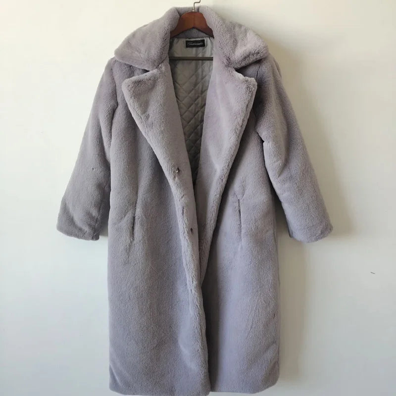 Women's Luxury Long Faux Fur Coat with Loose Lapel - Various Colors