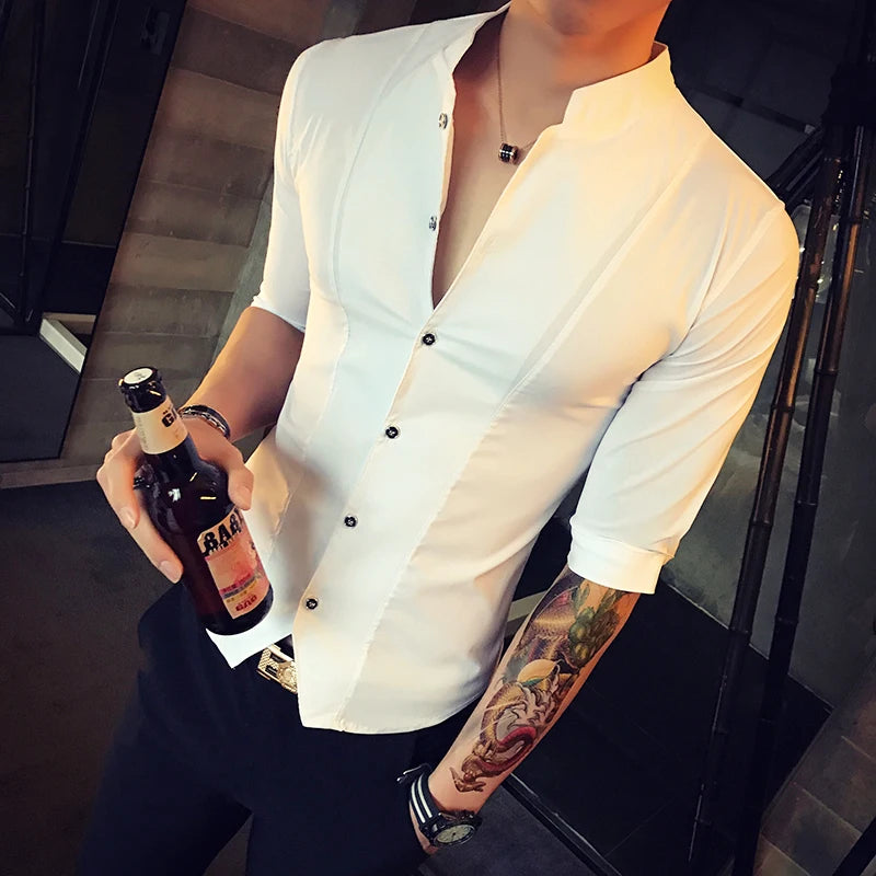 Men's Slim Fit Half Sleeve Stand Collar Shirt