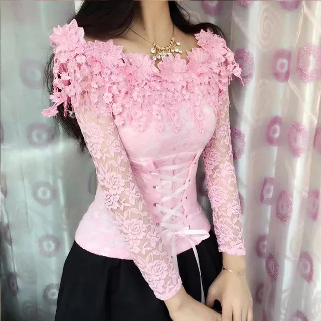 Lace Off-Shoulder Crop Top - Slim Fit  Long Sleeve Blouse