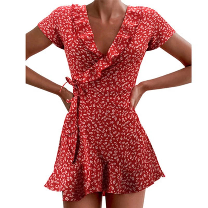 Elegant Floral Ruffle V-Neck Mini Dress for Women