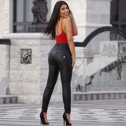 High-Waisted Elastic Faux Leather Push-Up Pants for Women