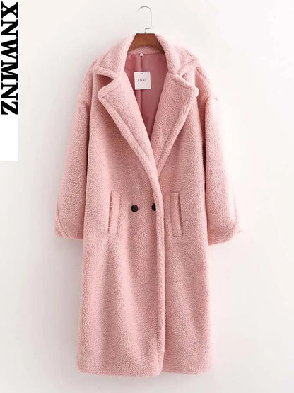 Women's Faux Fur Teddy Coat with Lapel Collar and Pockets