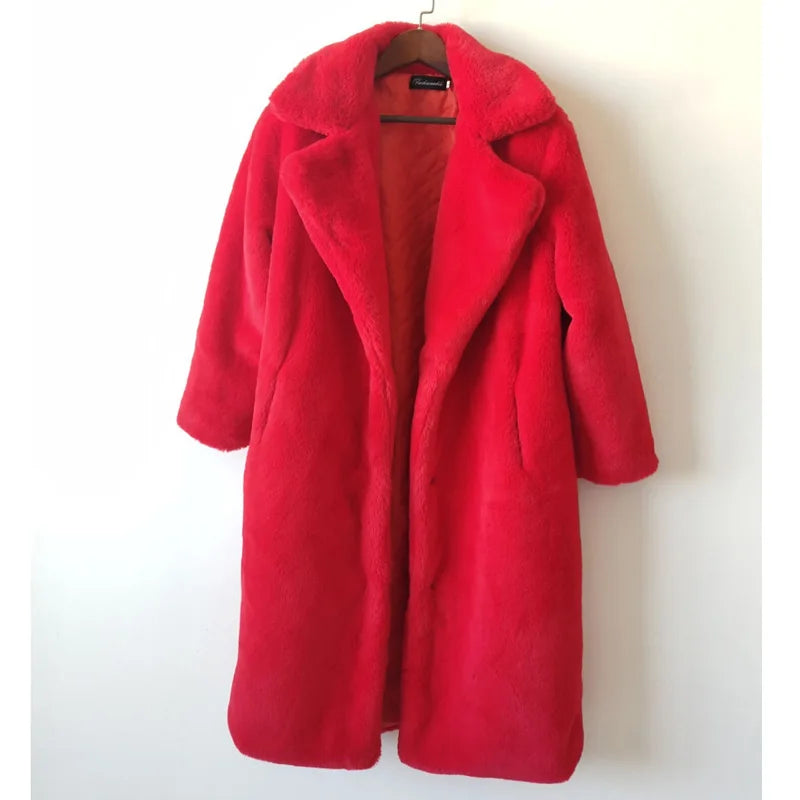 Women's Luxury Long Faux Fur Coat with Loose Lapel - Various Colors