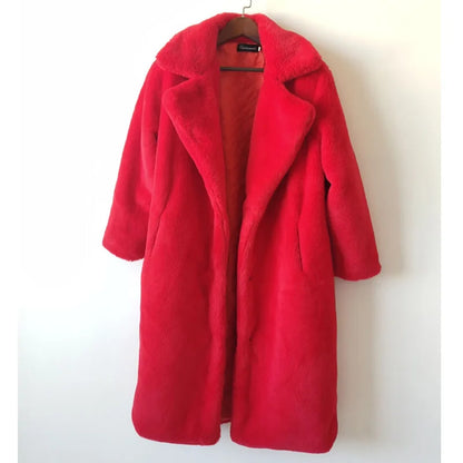 Women's Luxury Long Faux Fur Coat with Loose Lapel - Various Colors