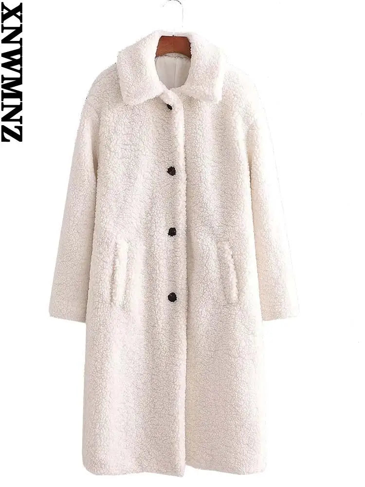 Women's Faux Fur Teddy Coat with Lapel Collar and Pockets