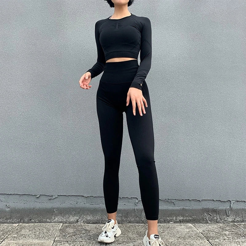 2-Piece Women's Seamless Yoga Set: Long Sleeve Crop Top & High Waist Leggings