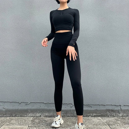 2-Piece Women's Seamless Yoga Set: Long Sleeve Crop Top & High Waist Leggings