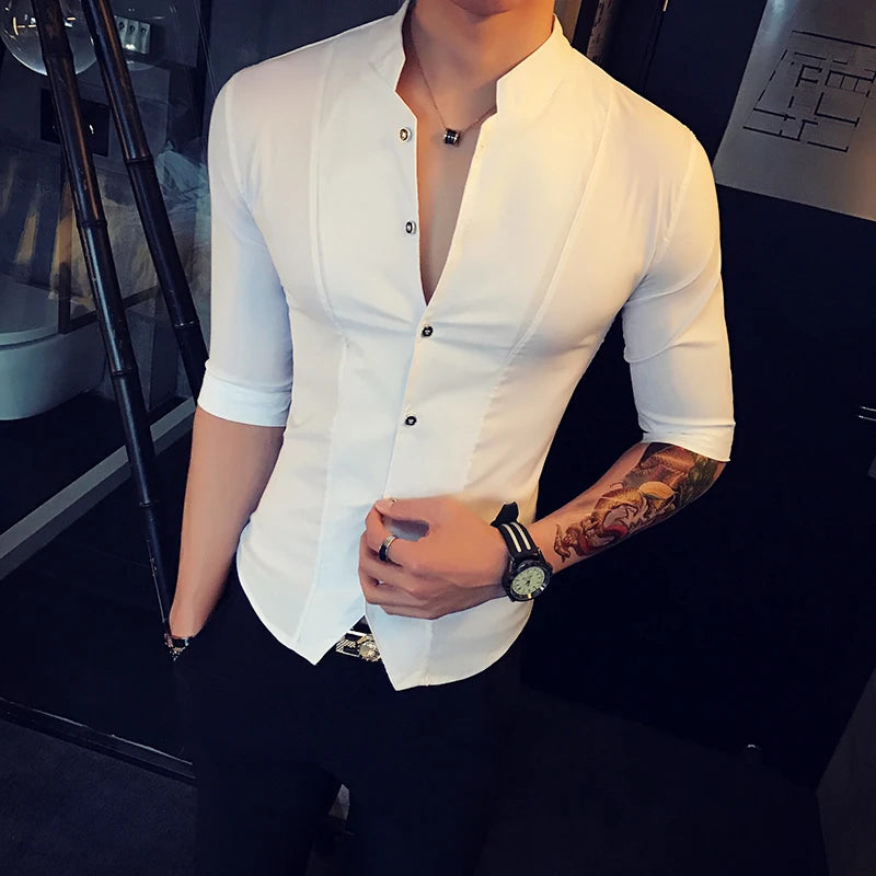 Men's Slim Fit Half Sleeve Stand Collar Shirt