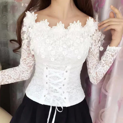 Lace Off-Shoulder Crop Top - Slim Fit  Long Sleeve Blouse