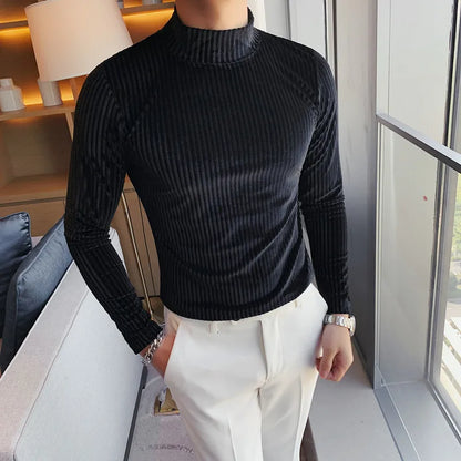 Slim Fit Long Sleeve Stripe Sweater with Half Turtleneck  - Various Colors