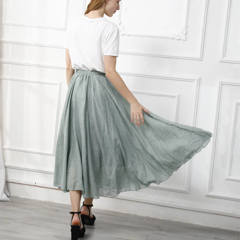 Women's  Elastic High Waist Maxi Skirt in Cotton Linen - Various Colors