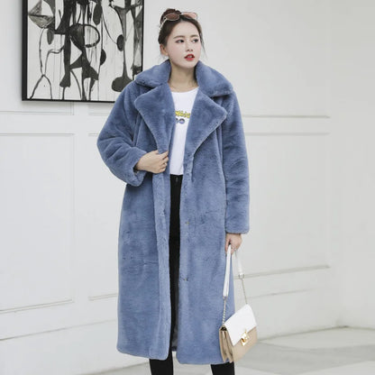 Women's Luxury Long Faux Fur Coat with Loose Lapel