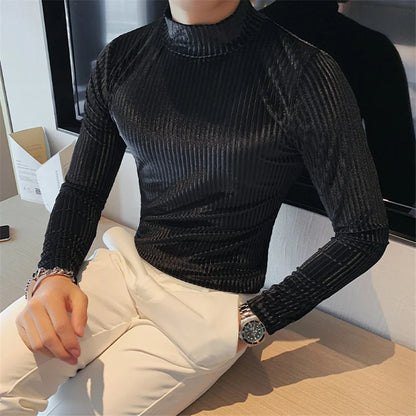 Slim Fit Long Sleeve Stripe Sweater with Half Turtleneck  - Various Colors