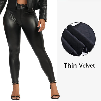 Black Faux Leather Skinny Leggings - High Waist Push-Up Design with Pockets