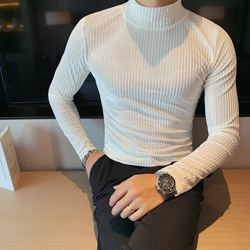 Slim Fit Long Sleeve Stripe Sweater with Half Turtleneck  - Various Colors