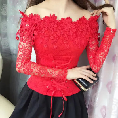 Lace Off-Shoulder Crop Top - Slim Fit  Long Sleeve Blouse