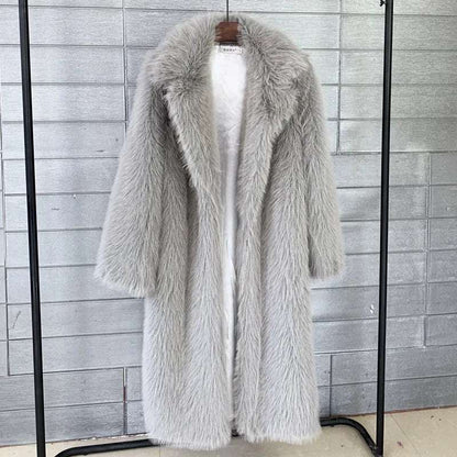 Warm Long Faux Fur Overcoat for Women with Turn Down Collar