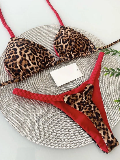 Women Leopard Print  Thong Swimsuit Two Pieces Bikini